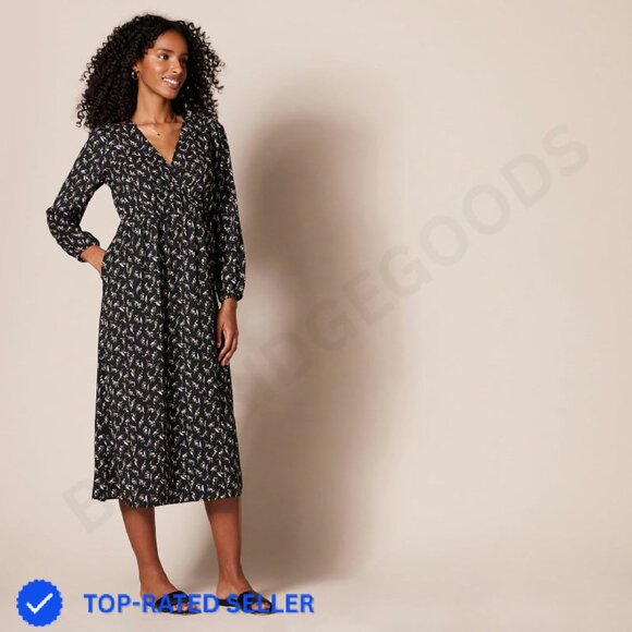 Lightweight Georgette Midi Dress Elegant V-Neck Long Sleeve Chic Casual Fit - Picture 2 of 4